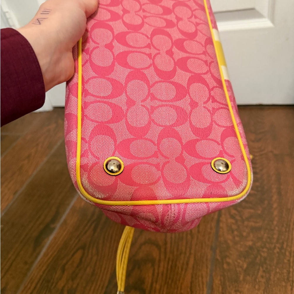 Coach Pink Signature Tote with Yellow Stripe - Picture 15 of 16